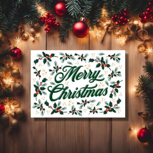 Script Merry Christmas Holly Red and Green Holiday Card (Script Merry Christmas Holly Red and Green Holiday Card, Colored Lights Background)