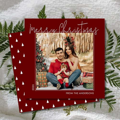 Script Merry Christmas Minimal 1 Photo Red Square Holiday Card