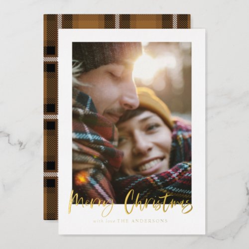  script merry christmas mustard tartan photo  foil holiday card