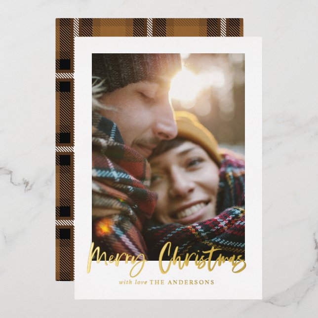  script merry christmas mustard tartan photo  foil holiday card (Front/Back)