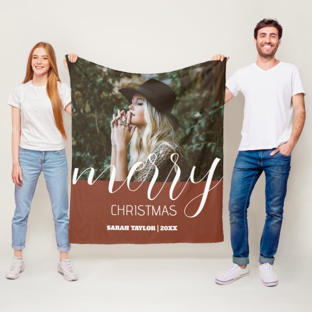 Script Merry Christmas Photo Name Personalized  Fleece Blanket (In Situ)