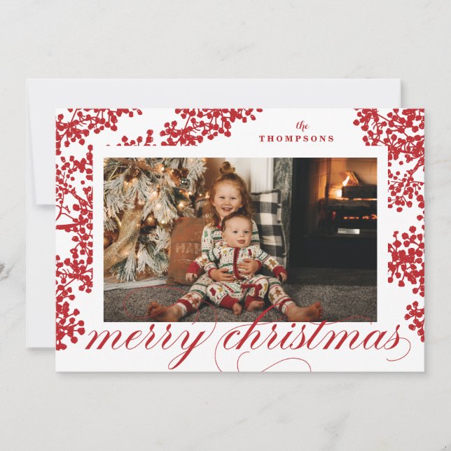 Script Merry Christmas Red Berries Photo Card (Front)