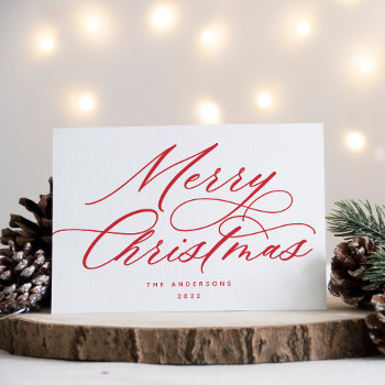 Script Merry Christmas Red Holiday Card by NBpaperco at Zazzle