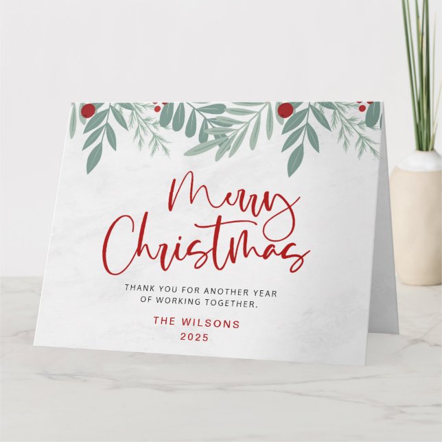 Script Merry Christmas Red Holiday Green Botanical Card (Front)