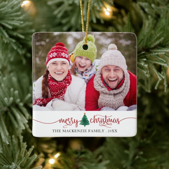 Script Merry Christmas Tree Red Green 2 Photo Ceramic Ornament (Tree)