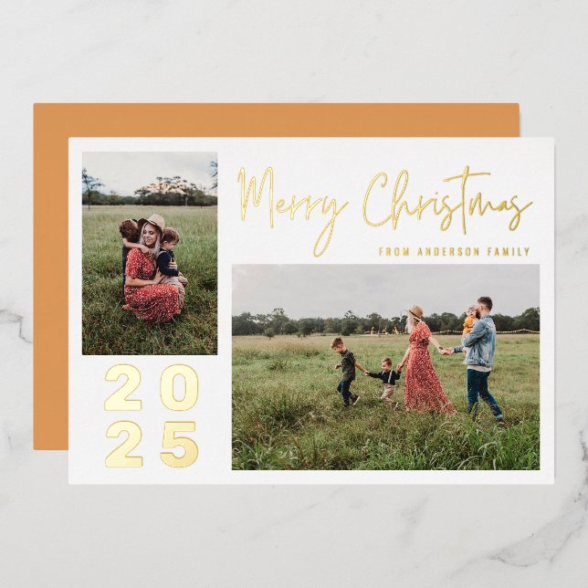 Script Merry Christmas Two Family Photo Gold Foil Holiday Card (Front/Back)