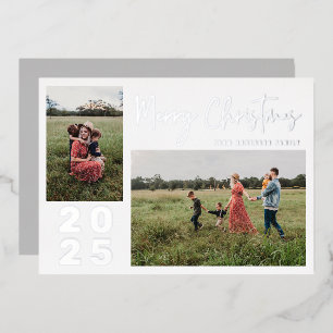 Script Merry Christmas Two Family Photo Silver Foil Holiday Card