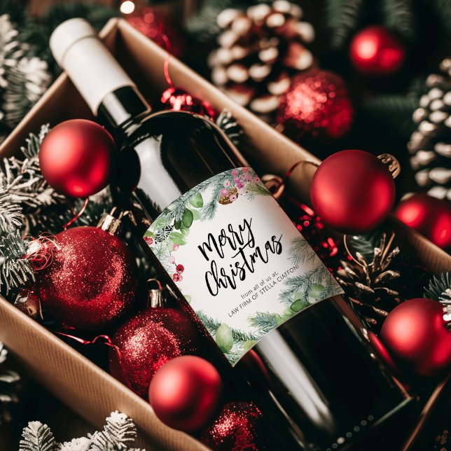 Script Merry Christmas Watercolor Greenery Wine Label (Script Merry Christmas Watercolor Greenery Wine Label)