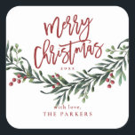 Script Merry Christmas Watercolor Square Sticker<br><div class="desc">A festive,  red,  green and white merry Christmas gift sticker,  favor sticker or envelope enclosure featuring bold script and watercolor greenery with leaves and berries.</div>