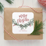 Script Merry Christmas Watercolor Square Sticker<br><div class="desc">A festive,  red,  green and white merry Christmas gift sticker,  favor sticker or envelope enclosure featuring bold script and watercolor greenery with leaves and berries.</div>