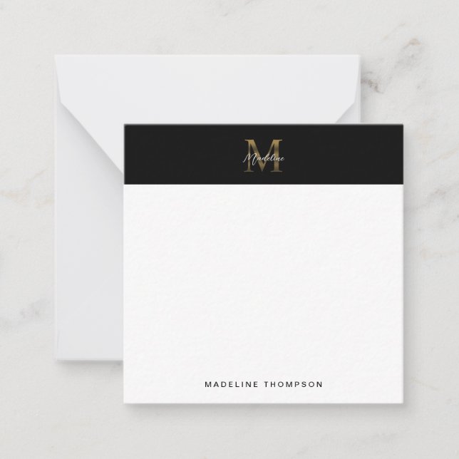 Script Metallic Black Gold Monogram Square Mini Note Card (Front)