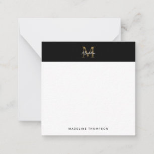 Script Metallic Black Gold Monogram Square Mini Note Card
