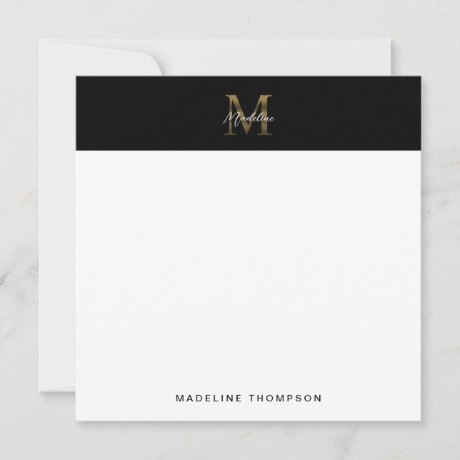 Script Metallic Black Gold Monogram Square Note Card (Front)