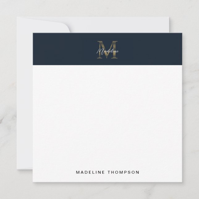 Script Metallic Navy Blue Gold Monogram Square Note Card (Front)