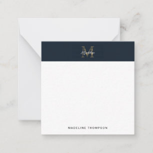 Script Metallic Navy Gold Monogram Square Mini Note Card