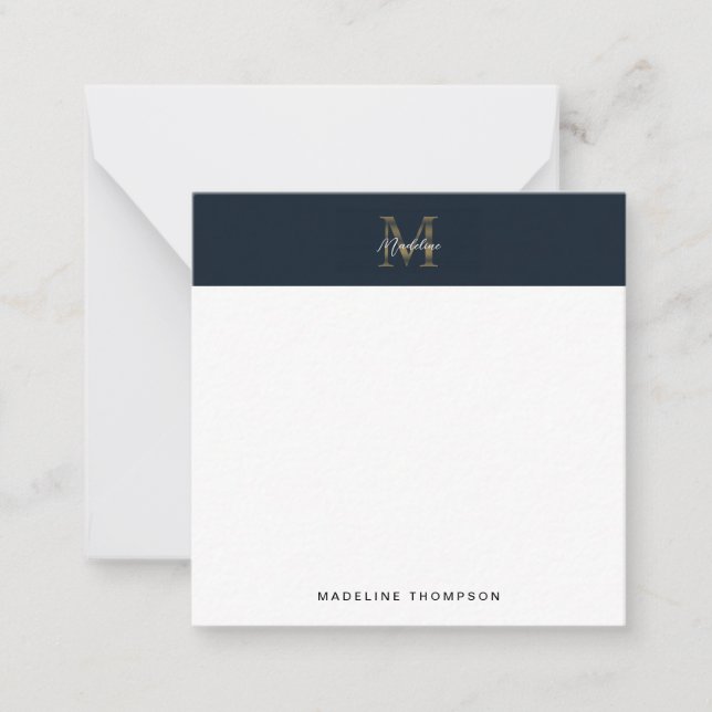 Script Metallic Navy Gold Monogram Square Mini Note Card (Front)