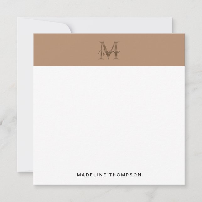 Script Metallic Taupe Gold Monogram Square Note Card (Front)