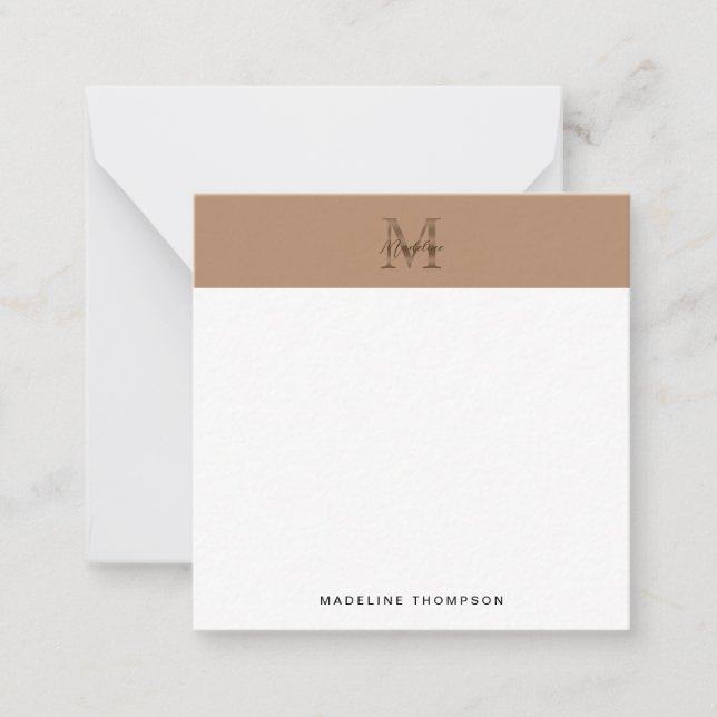 Script Metallic Taupe Gold Monogram Square Note Card (Front)