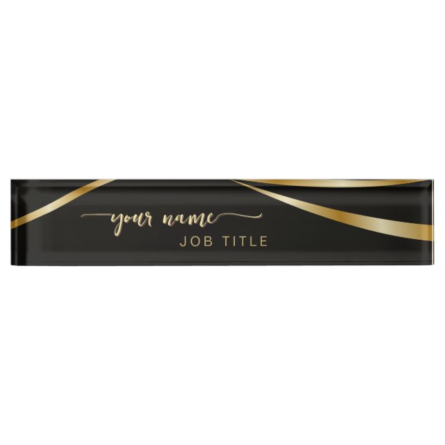 Script Minimalist Black and Gold  Desk Name Plate (Front)