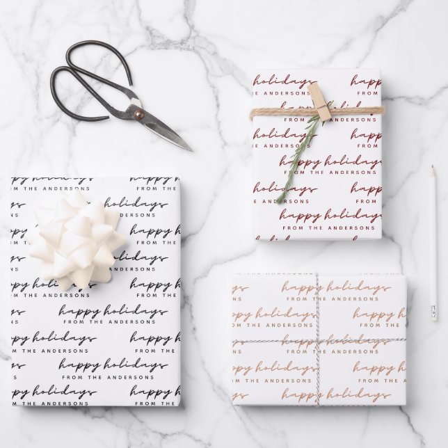 Script Minimalist Happy Holidays from Your Name Wrapping Paper Sheets (Front)