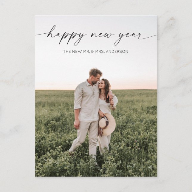 Script Minimalist Happy New Year Holiday Photo Postcard (Front)