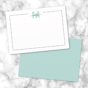 Script Minimalist Teal Blue Monogram Note Card