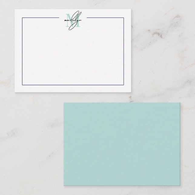 Script Minimalist Teal Blue Name Monogram Note Card (Front/Back)
