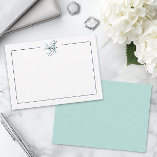 Script Minimalist Teal Blue Name Monogram Note Card