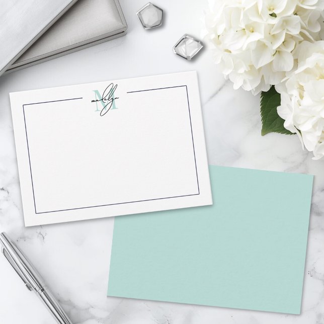 Script Minimalist Teal Blue Name Monogram Note Card (Script Minimalist Teal Blue Name Monogram Note Card)