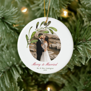 Script & Mistletoe Merry & Married Photo Ceramic Ornament
