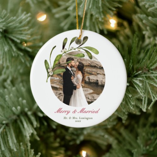 Script  Mistletoe Merry  Married Photo Ceramic Ornament