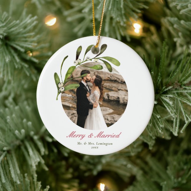 Script & Mistletoe Merry & Married Photo Ceramic Ornament (Tree)