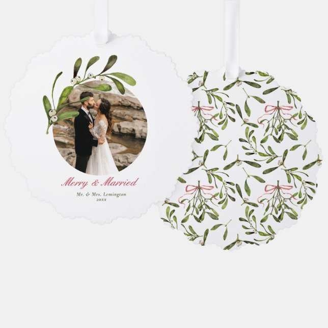 Script & Mistletoe Merry & Married Photo Ornament Card (Front/Back)