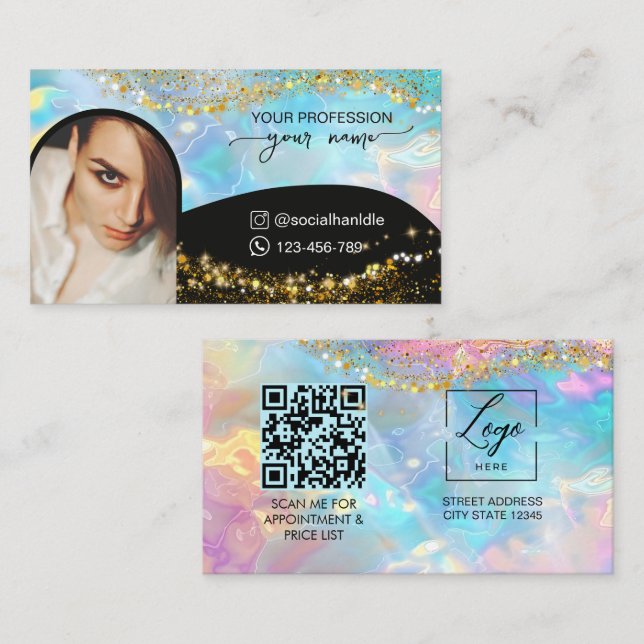 Script Modern arch holographic opal qr code logo Business Card (Front/Back)