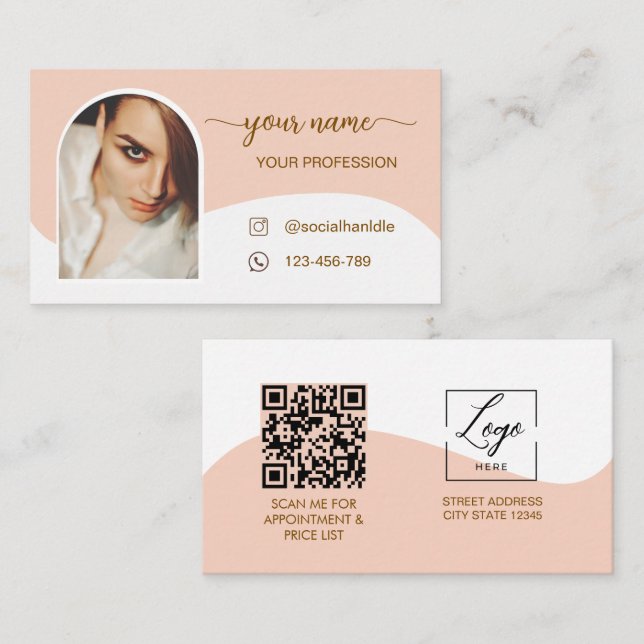 Script Modern arch pink photo qr code logo Busines Business Card (Front/Back)
