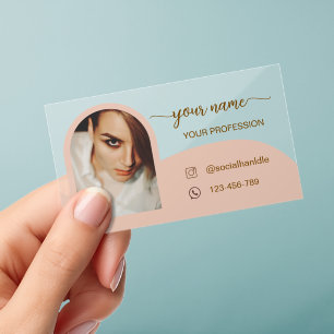 Script Modern arch pink photo social handle Clear Business Cards