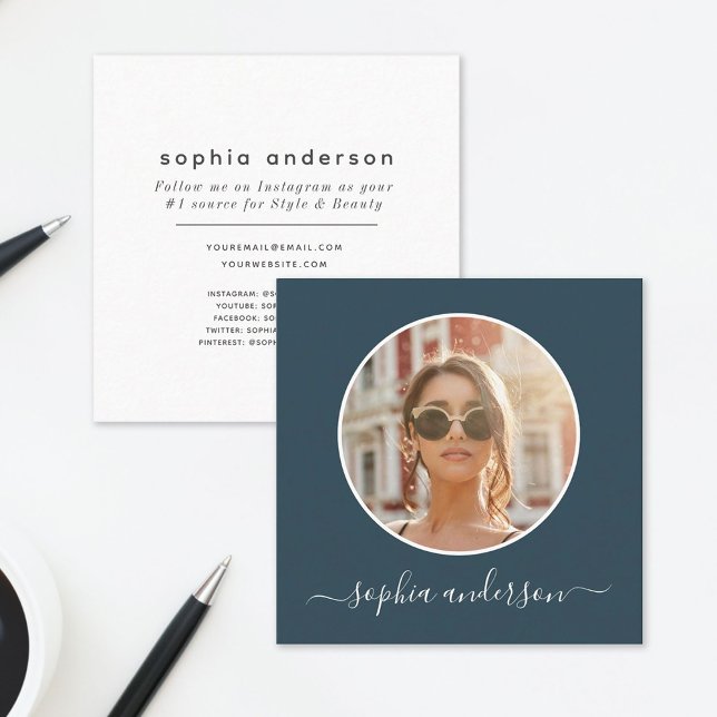 Script Modern Chic Photo Vintage Blue Social Media Calling Card (Creator Uploaded)