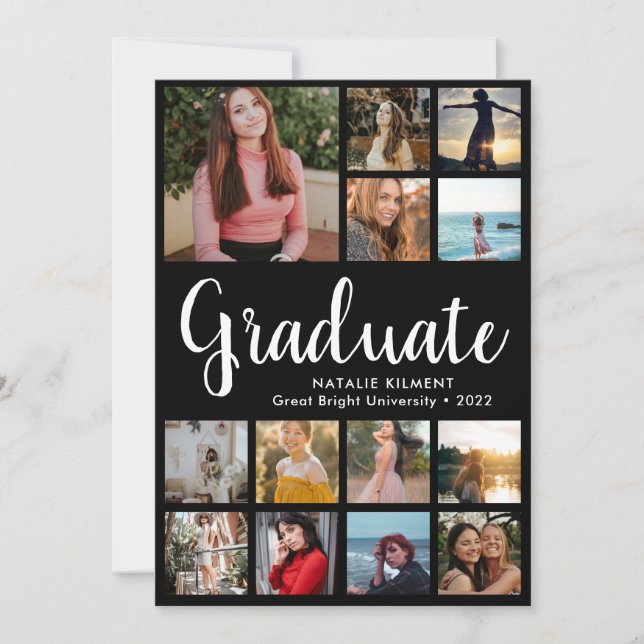 Script Modern Graduate 14 Photo Collage Graduation Announcement (Front)