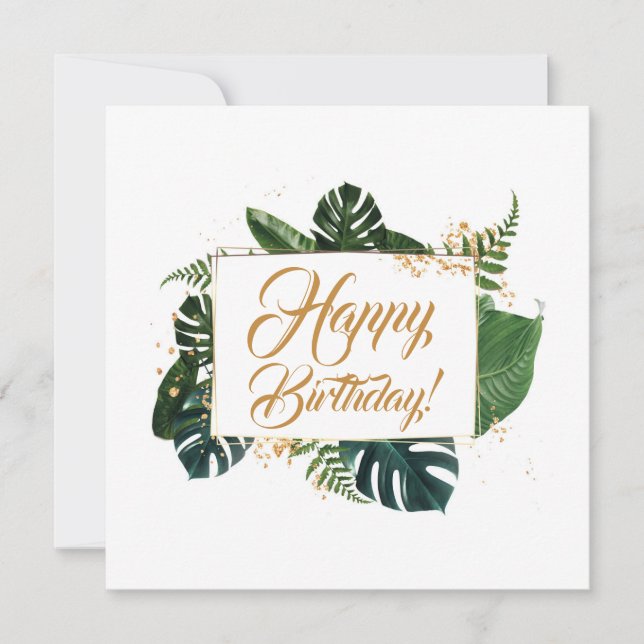 Script Modern Green Leaves Happy Birthday Card (Front)