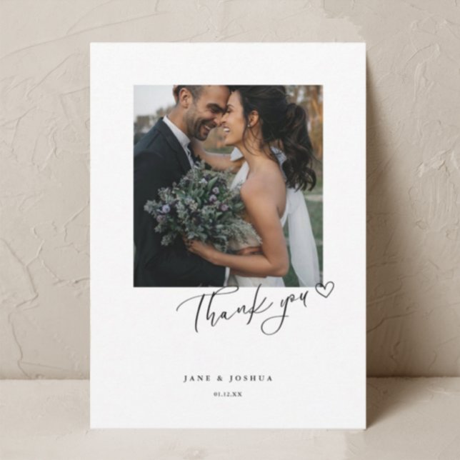 Script Modern Heart Wedding Photo W Note Thank You Card (Creator Uploaded)