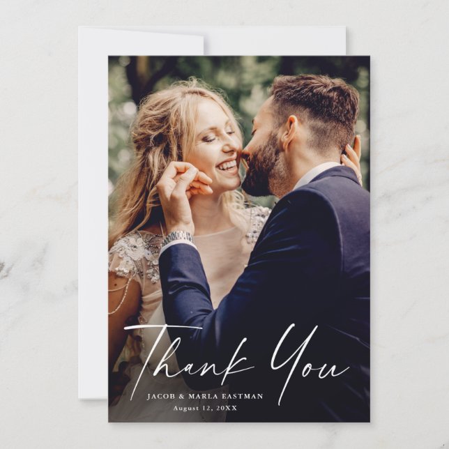 Script Modern Minimal Chic Photo Wedding Thank You Card (Front)