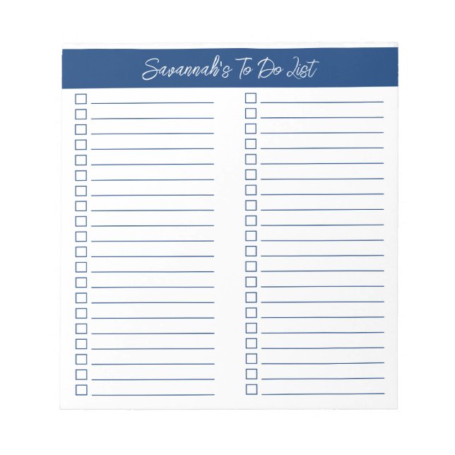 Script Modern Navy Blue Two Column Checklist Notepad (Front)