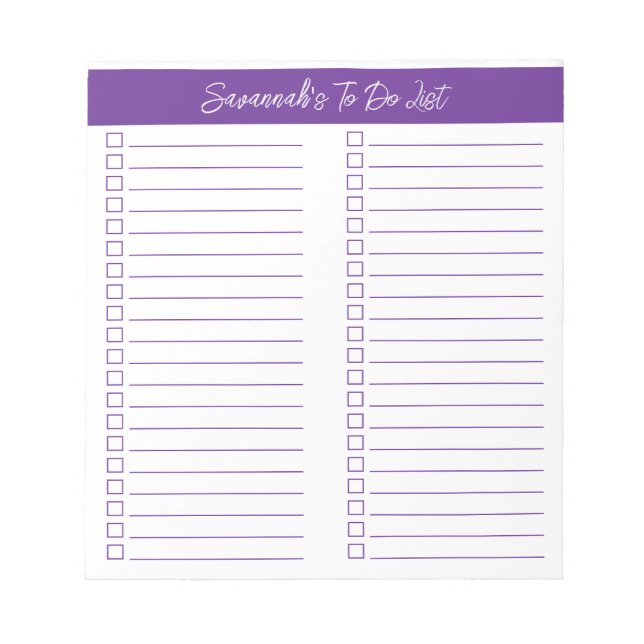 Script Modern Purple Two Column Checklist Notepad (Front)