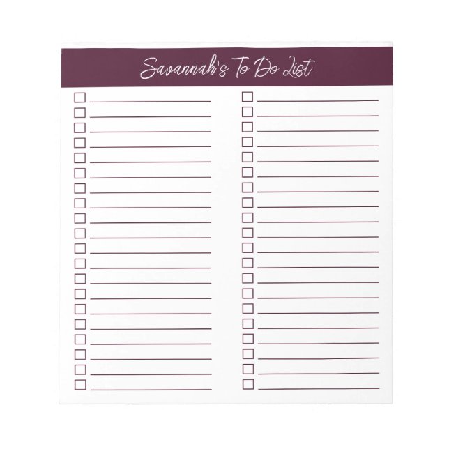 Script Modern Red Brown Two Column Checklist Notepad (Front)