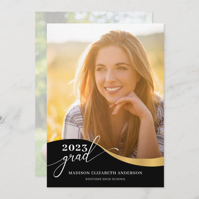 Script Modern Shape Photo Black & Gold Graduation Invitation (Front/Back)