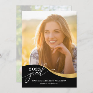 Script Modern Shape Photo Black & Gold Graduation Invitation