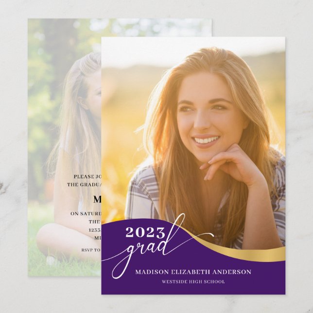Script Modern Shape Photo Purple & Gold Graduation Invitation (Front/Back)