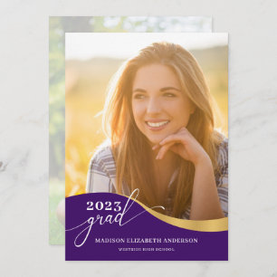 Script Modern Shape Photo Purple & Gold Graduation Invitation
