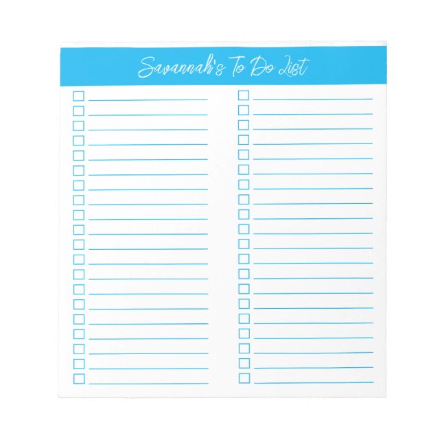 Script Modern Sky Blue Two Column Checklist Notepad (Front)