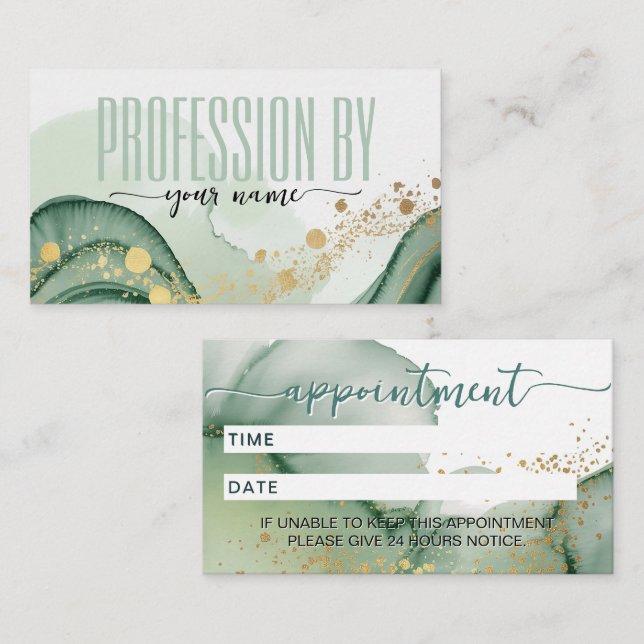 Script Modern watercolor Sage green and gold Appointment Card (Front/Back)